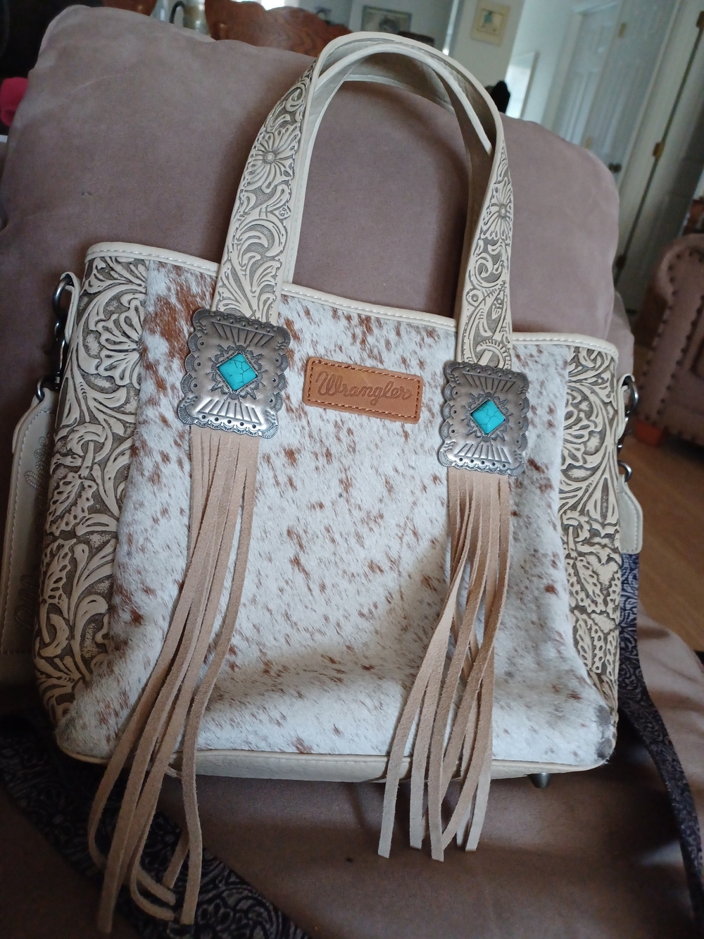 Wrangler Cream & Brown Cowhide Fringe Tote Bag
